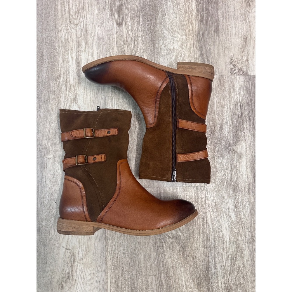 ROAN Suze‎ Womens Brown Leather Suede Mixed Media Buckle Moto Boots Size 8
